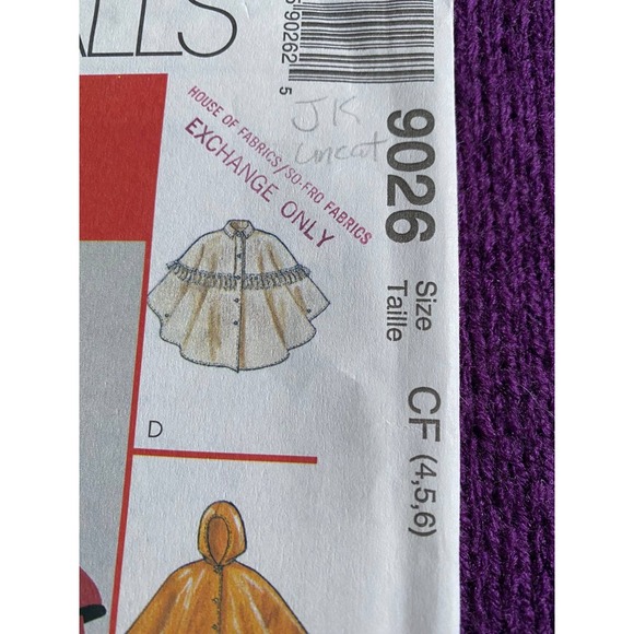 McCalls sewing pattern 9026 kids poncho size 4 5 6 - Picture 2 of 5